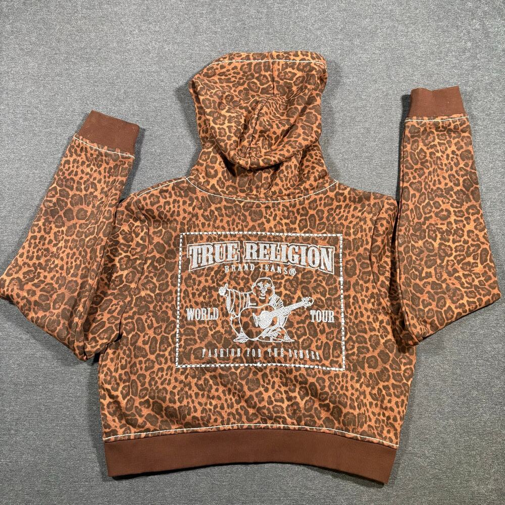 Mcbling Women’s XL True Relgion Rhinestone Cropped Cheetah Print zip up hoodie